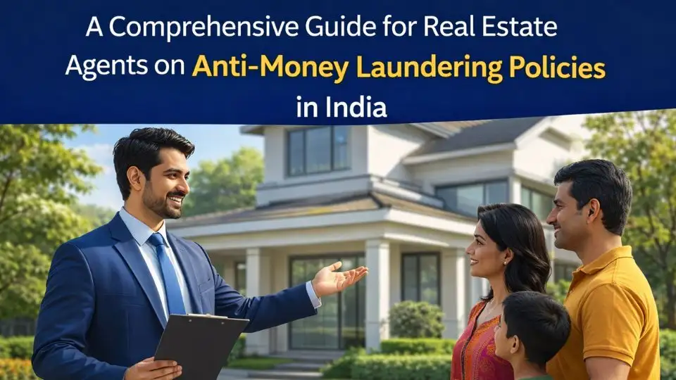 Indian real estate agent explaining a modern home to a family representing anti-money laundering compliance in Indian real estate transactions