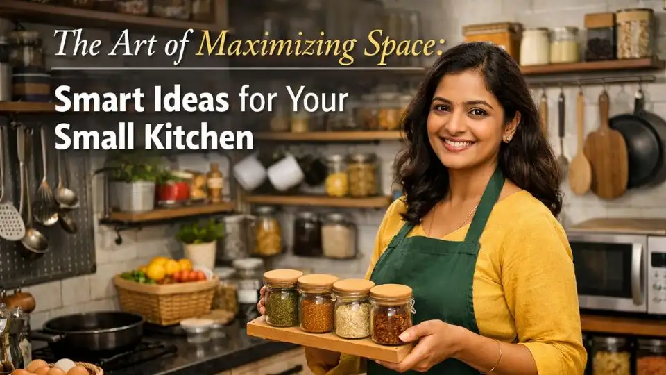 Indian woman organizing spices in a small kitchen demonstrating smart space saving ideas for maximizing storage in compact kitchens