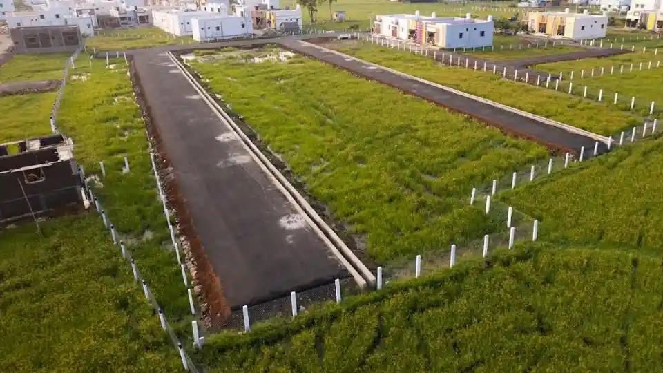 Aerial view of residential plotted development project by GPR Associates in Madurai with developed roads and housing plots